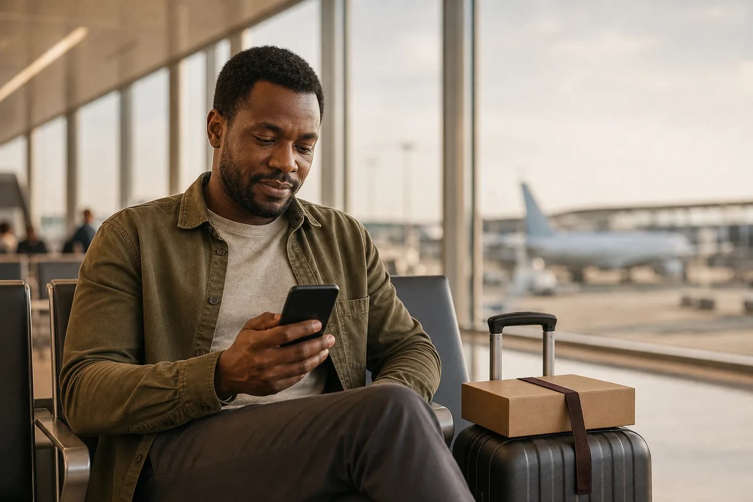 Un voyageur vérifie son téléphone près de son bagage et du colis à l’aéroport.